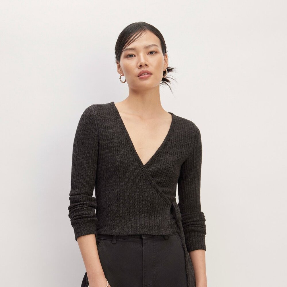 Everlane Cozy Rib Wrap Top in Black, Size Small